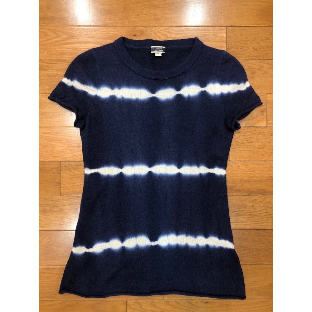 J Crew 100% Cashmere Tie Dye Navy & White Short Sleeve Top Size S